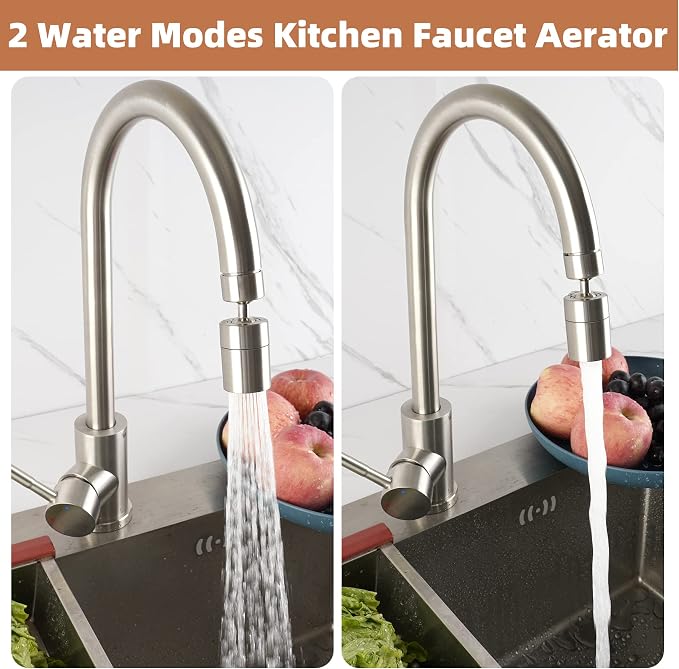 Hibbent Faucet Aerator, 360 Degree Kitchen Sink Faucet Aerator, Dual-function Swivel Big Angle Kitchen Faucet Attachment, Faucet Replacement Part, Brushed Nickel