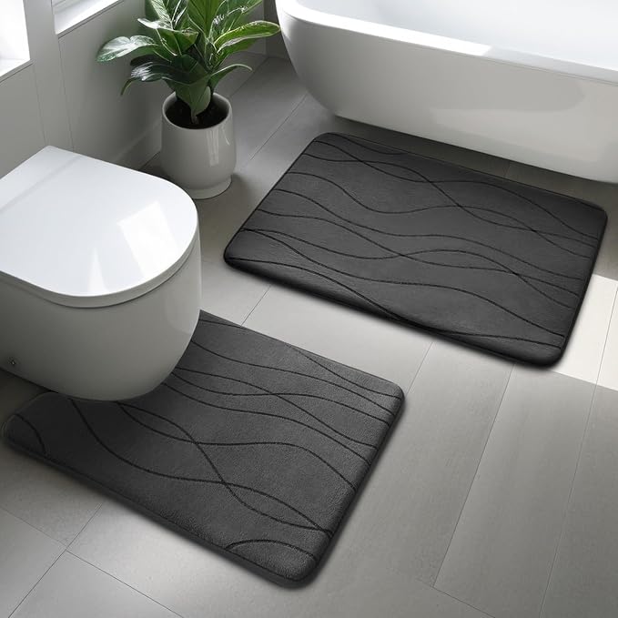 Bathroom Rugs Set 2 Piece, Memory Foam Bath Mat Dark Grey | U Shaped+Small Mat, Ultra Soft, Absorbent, Non-Slip, Machine Washable, for Bathroom, Sink and Toilet