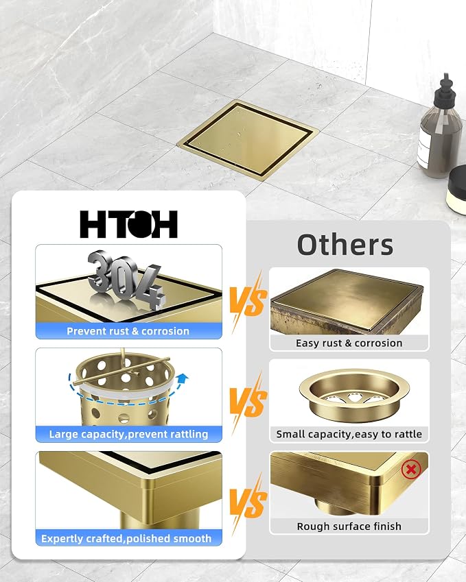 6 Inch Titanium Gold Shower Drain, 2-in-1 Tiled Shower Drain - 304 Stainless Steel Square Shower Floor Drain for Bathroom, Brushed Gold Drain Shower with Tile Insert Grate Removable,Hair Strainer