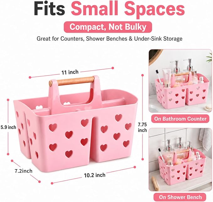 Pink Portable Shower Caddy with Wooden Handle, Plastic Shower Basket Organizer with Drainage Holes & 3 Compartments, Dorm Shower Caddy for College Students, Bathroom, Gym, Camping Toiletry Storage