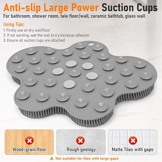 Shower Foot Scrubber Mat Silicone Back Exfoliating Cleaner, Feet Message Bath Washer Pad with Suction Cups for Wall Non-Slip - Itchy Toes Dead Skin Beauty Deep Clean Soft Bristles 14.2 * 11.2in Grey