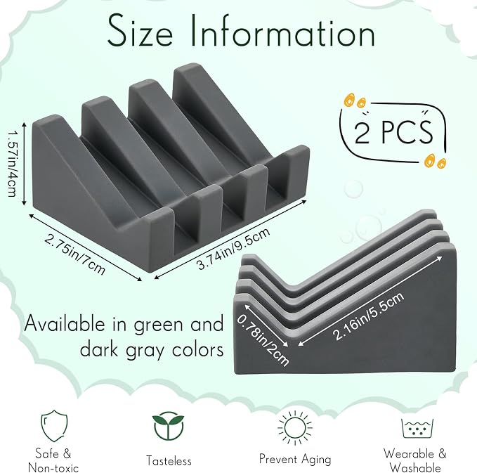 Cunhill 2 Pieces Silicone Soap Dish Self Draining Soap Dish Shower Waterfall Bar Soap Holder Tray with Drain Soap Saver for Kitchen Bathroom Accessories (Dark Grey,Light Green)