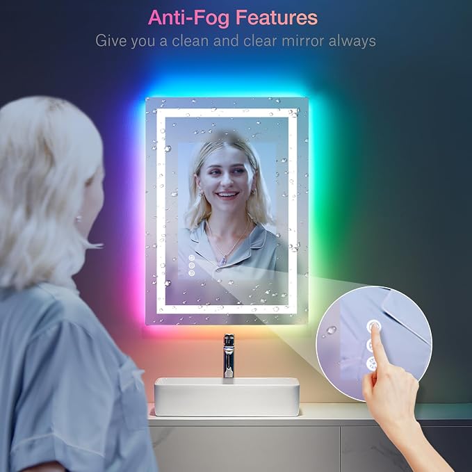 LOAAO 24"X32" RGB LED Bathroom Mirror with Lights, UL Listed | Anti-Fog, Dimmable, RGB Backlit + Front Lighted, Memory Function, Tempered Glass
