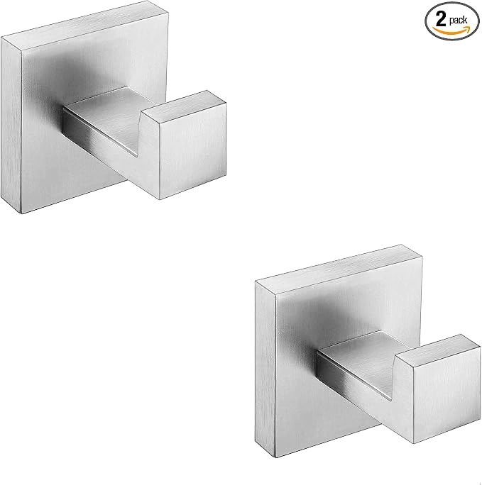 Nolimas Towel Hook Stainless Steel Bathroom Rustproof Clothes Towel Coat Hook Wall Mounted Square Toilet Kitchen, Heavy Duty Door Hanger, 2 Pack, Brushed Nickel