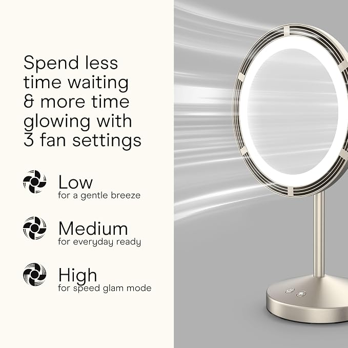 Conair Vanity Mirror with Lights, Adjustable Fan & Brightness, Round | Magnifying makeup mirror with lights for any beauty and skincare routine, tilting hinge, removable 10x magnetic spot mirror