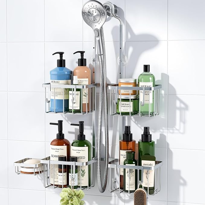Luxspire Shower Hanging Caddy Overhead, Hanging Shower Organizer, Silver | No Drilling Required, Height-Adjustable, Thickened Rustproof Stainless Steel, Heavy-Duty, Include 8 Hooks And Soap Holder