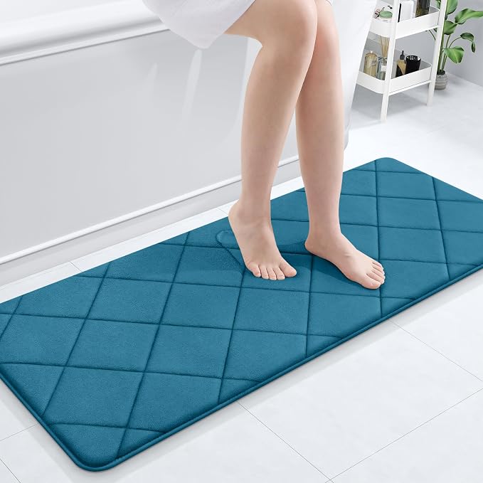 OLANLY Memory Foam Bath Mat 47x20, Ultra Soft and Absorbent Bathroom Rugs | Peacock Blue, Quick Dry, Machine Washable Shower Bath Rugs, Comfortable Bath Carpet for Bathroom Floor, Tub and Shower