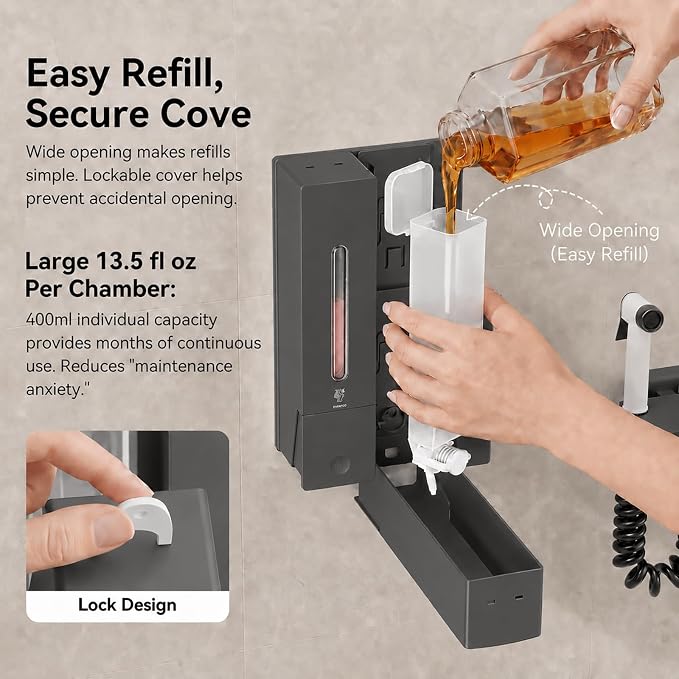 Shampoo and Conditioner Dispenser - Wall-Mounted 3-Chamber Shower Soap Dispenser, No-Drill, 1200ML Capacity, for Bathroom & Hotel