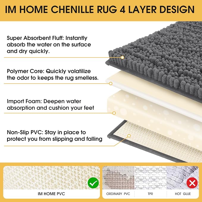 ACCUMTEK Upgrade Luxury Grey Bathroom Rug Mat Gray 32"x20", Ultra Soft Thick Absorbent Bath Mats, Non Slip Chenille Toilet Mat for Bathroom, Bedroom, Kitchen, Shower, Tub, Charcoal