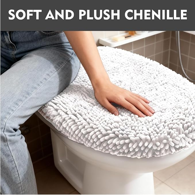 RUN HELIX Bathroom Toilet Lid Cover,Chenille Machine Washable Seat Covers, 17.5x15, Stays in Place Rubber Backing, Fits Most Round, Elongated and Oblong Lids, Accessories Decor,White