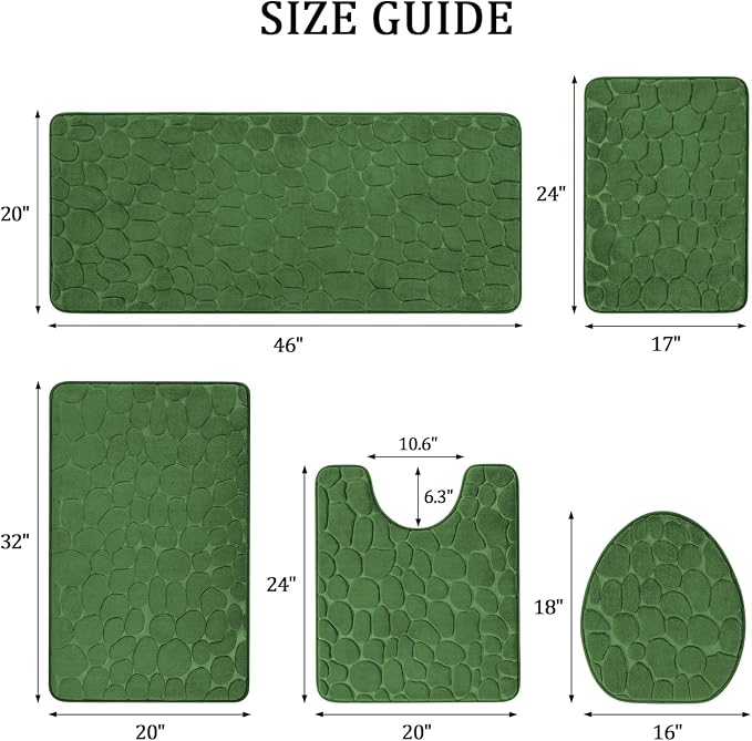 YIHOUSE Bathroom Rugs Mat Set, Memory Foam Bath Mat 5 Piece Green | Non Slip, Water Absorbent, Washable, Bath Mat For Bathroom, Sink and Toilet