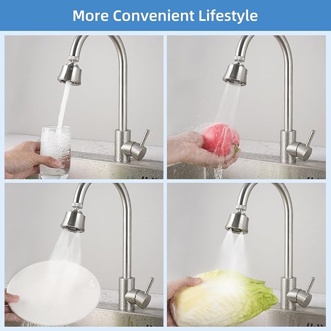 Hygie Rinse Kitchen Sink Faucet Head Replacement, 4 Spray Faucet Sprayer Attachment with Big Angle Swivel, 55/64-27UNS Famale Thread, Male Thread Adapter Included, Brushed Nickel