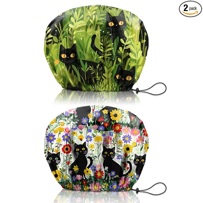 2 PCS Shower Cap Reusable Waterproof Double Layers Hair Caps Shower Bath Adjustable Elastic Hat for Women Girls Cute Aesthetic-Grass Black Cat