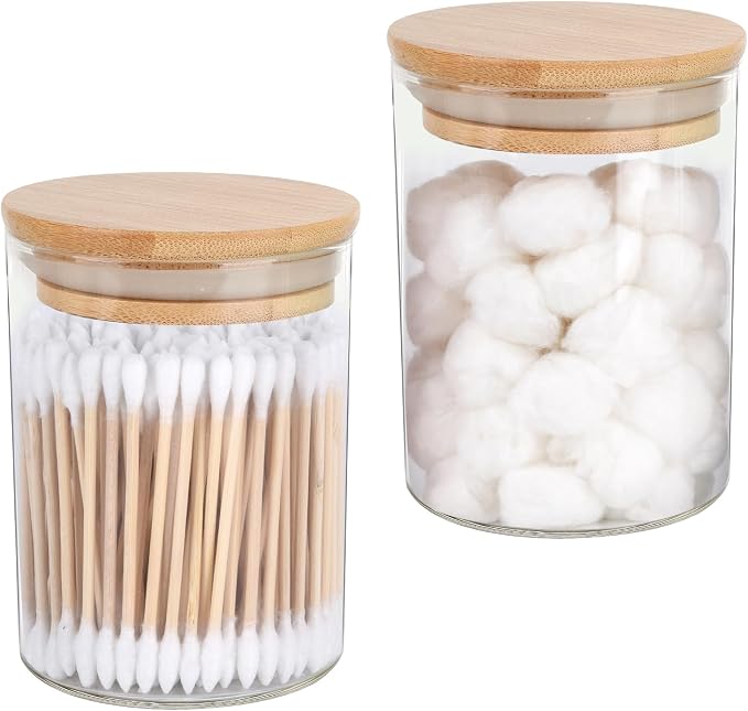 BKYFPQ 2 Pack Glass Qtip Holder Dispenser for Cotton Ball,Swab,Pads,Floss | Apothecary Jars with Lids,Vanity Makeup Organizer and Bathroom Canister Storage Organizer