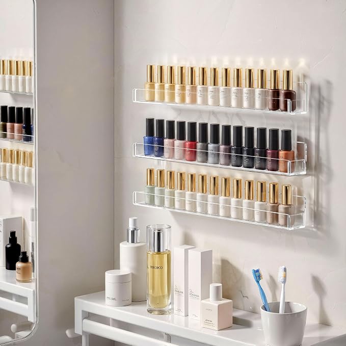 NIUBEE 6 Pack Nail Polish Rack Wall Mounted Shelf with Removable Anti-Slip End Inserts, Clear Acrylic Nail Polish Organizer Display 90 Bottles