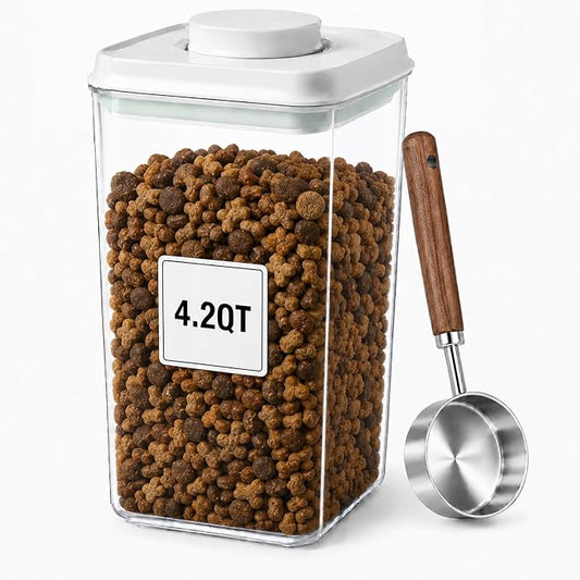 Pet Dog-Cat Airtight Food Storage-Container - 4.2Qt/4L jar with lid and 1/4Cup scoop | Holds 3–5 pounds of dry pet food | BPA-Free