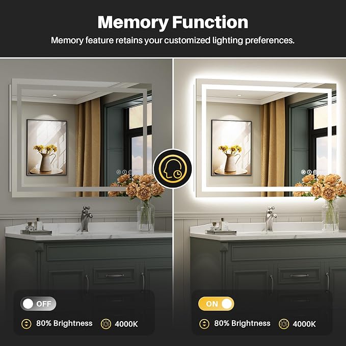 Briivue 44x36 Inch LED Bathroom Mirror with Lights, Backlit & Front Lit | Anti-fog, 3 Color Dimmable, Memory Function, HD Reflection Tempered Glass, ETL Listed, IP54 Waterproof
