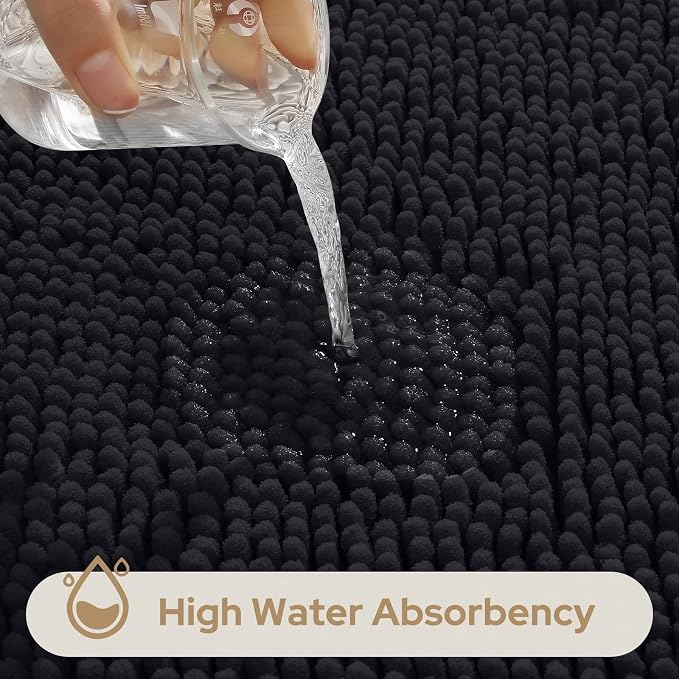 HOMEIDEAS Black Long Chenille Bathroom Rugs Set of 3, Non Slip Bath Mat | Super Absorbent, Soft Microfiber, Machine Washable, Stain Resistant, for Bathroom Decor