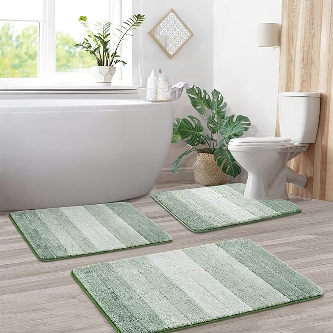 3 Pcs Ombre Bath Mat Set for Bathroom, Non Slip Ultra Soft and Thick Water Absorbent Bath Carpet, Machine Washable & Quick Dry Bathroom Rug, for Bedroom Door Living Room,Green