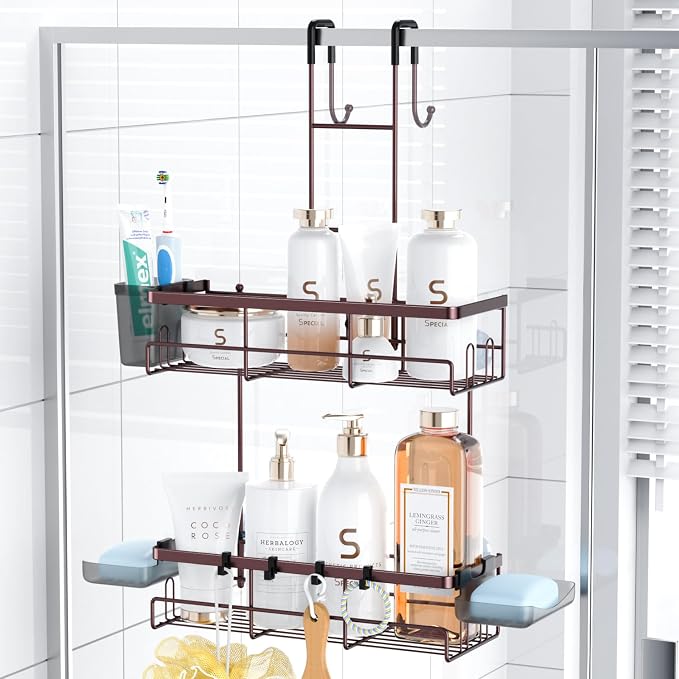 Over the Door Shower Caddy Hanging: No Drill Rustproof Shower Organizer | Includes Hooks & Soap Holders for Shampoo, Conditioner and Bathroom Essentials, Anti-Slip Design for Any Shower Room