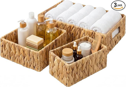 GRANNY SAYS Wicker Baskets for Shelves 3 Pack, Large Wicker Storage Baskets with Handles, Water Hyacinth Woven Basket for Organizing