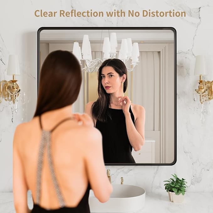 LOAAO 38x38 Inch Black Bathroom Mirror Metal Framed | Matte Black Bathroom Vanity Mirror, Rounded Rectangle, Anti-Rust, Tempered Glass, Hangs Horizontally or Vertically