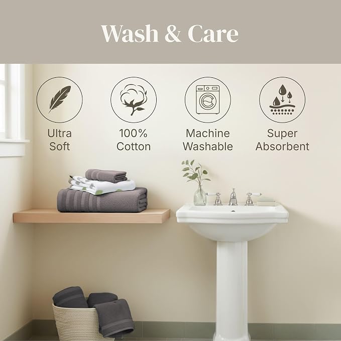 Modern Threads 6 Piece Bath Towel Set – Bathroom Set with 2 Bath Towels, 2 Hand Towels, and 2 Wash Cloths – 100% Cotton, Super Absorbent & Extra Soft – Reversible Natural Vine (Gray)