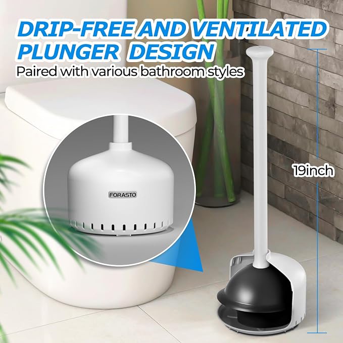 FORASTO Toilet Plunger with Holder - Heavy Duty Bathroom Cleaning Tools | Plungers for Bathroom, Toilet Bowl Cleaners, Apartment Must Haves, Bathroom Decor Accessories, Home Essentials, White