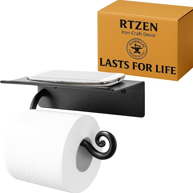 RTZEN Bathroom Toilet Paper Holder with Shelf - Handcrafted Rustic Wrought Iron Wall Decor Toilet Roll Holder - Black Matte Wall Mount Bar for Modern Farmhouse Bathroom Decor