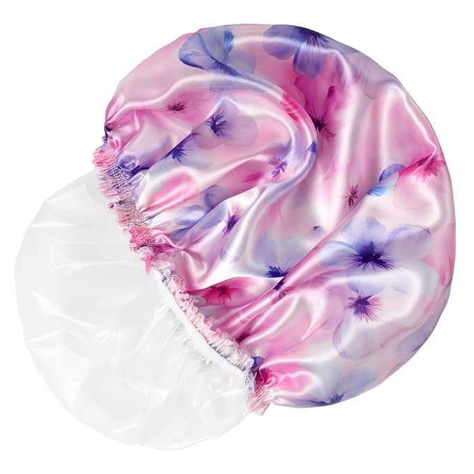 Shower Caps for Women, 4 PCS Reusable Waterproof Bath Cap | Double Layer, Washable, Wide Elastic Band, Holds Long Hair, Caps for Bath Accessories, Spa, Travel Home - Flower C