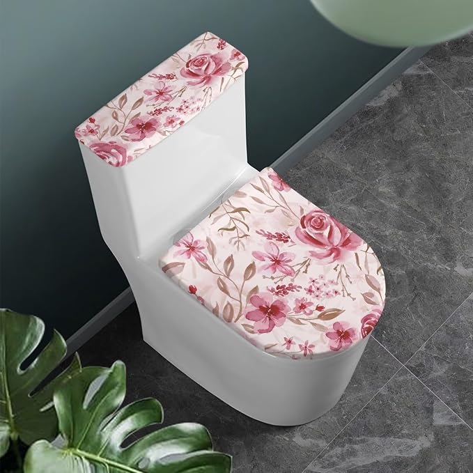 Pink Rose Toilet Tank Cover for Bathroom Romantic Toilet Lid Cover Set 2 Oval Bathroom Set for Valentine's Day