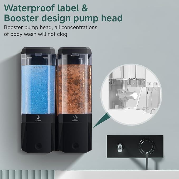 Shampoo and Conditioner Dispenser 2 Chamber No Drill Shampoo Dispenser for Shower Wall Mounted Shower Soap Dispenser 2 * 500ml Refillable Shower Dispenser for Bathroom Hotel(Black 2 Chamber)
