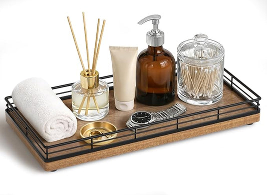 Bathroom Vanity Tray for Countertop, 12" x 6" Acacia Wood Toilet Tank Tray with Metal Guardrail, Bathroom Organizer for Soap, Perfume & Skincare, Non-Slip Decorative Tray for Dresser, Black & Acacia