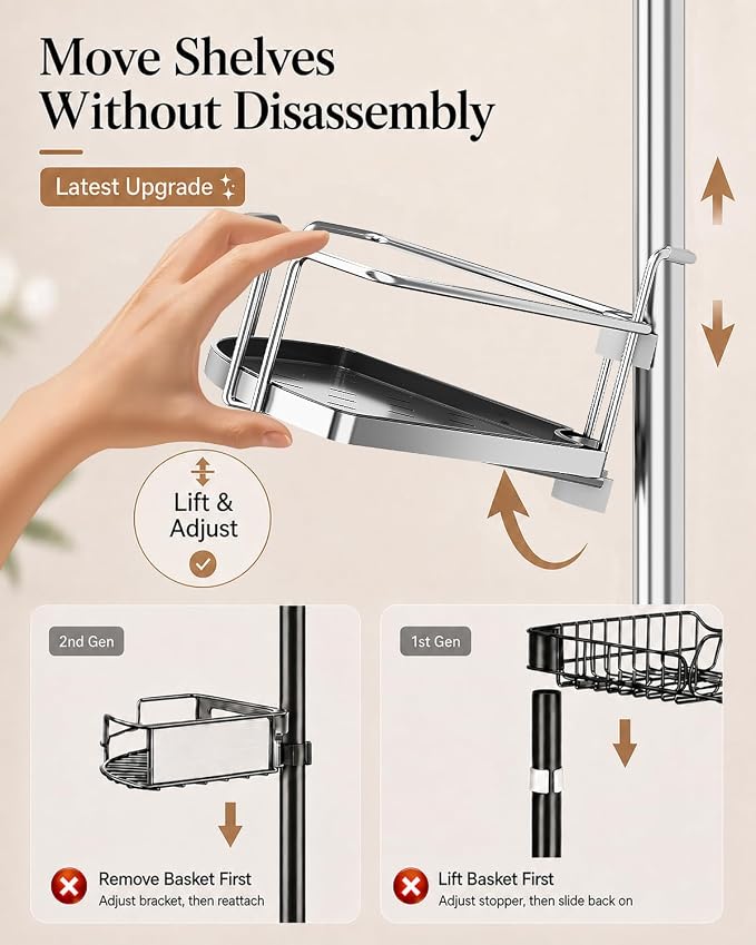 ALLZONE Corner Shower Caddy Tension Pole, 4 Hang-On Basket with Mixed-Height Shelves for Various Bottle Sizes, Extra Hooks & Soap Holder, Rustproof Stainless Steel, Fits 34–116 Inch, Silver/Dark Gray