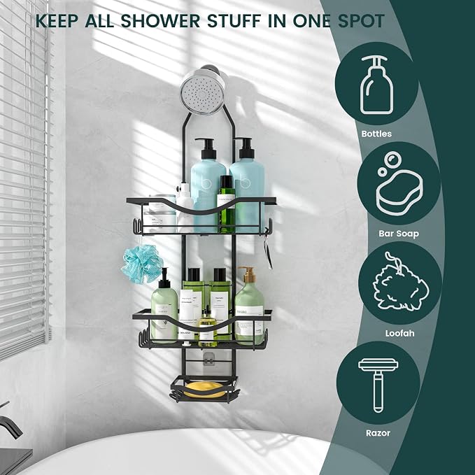 REINHARDT Adjustable Shower Caddy Hanging Rustproof Shower Organizer, Black | Extra Long, No Drilling, Anti-Slip, Shower Caddy Over Showerhead, Fast Draining, Soap Holder, 12 Hooks, Bathroom Accessories