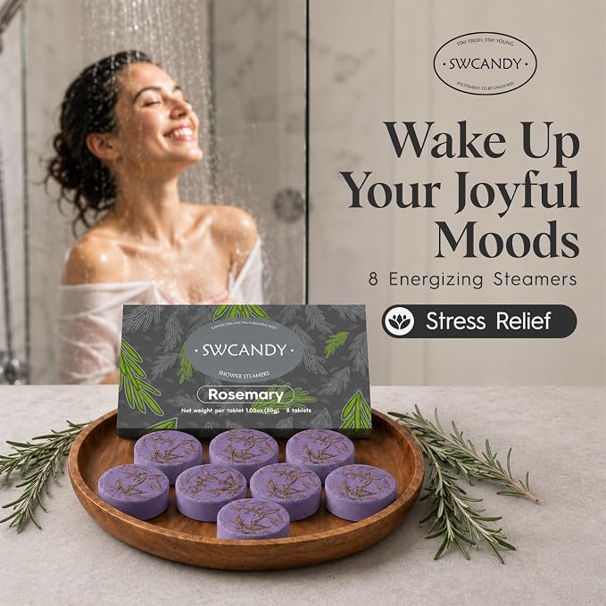 SWCANDY Rosemary Shower Steamers 8 Pack, Home Spa Self Care | Herbal green aromatherapy with natural essential oils, shower gift for women, men, wife & husband.