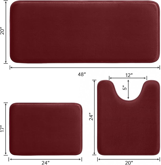 HUXMEYSON 3-Piece Memory Foam Bathroom Rug Set, Red | Quick Dry Velvet Surface, Non-Slip & PVC Backing, Ultra Soft Bath Rugs for Bathroom, 17"x24"+20"x48"+U Shape 20"x24"
