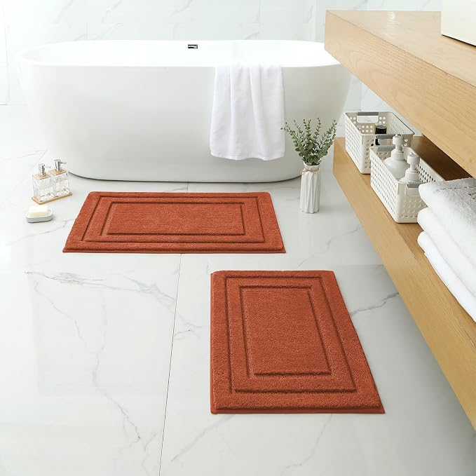 HOMEIDEAS Bathroom Rugs Sets 2 Piece, Soft Non Slip Bath Mat Burnt Orange | Ultra Absorbent, Microfiber Machine Washable Bath Rug Set, for Bathroom, Tub, Shower 20" x 32" + 16" x 24"