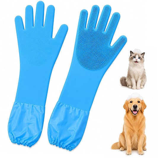 Pet Grooming Gloves,Dog Washing Gloves & Hair Remover for Cats and Dogs | 16.1in Extended Waterproof Pet Bath Gloves with Soft Silicone Bristles, 5-Finger Design for Grooming, Massage & Hair Removal