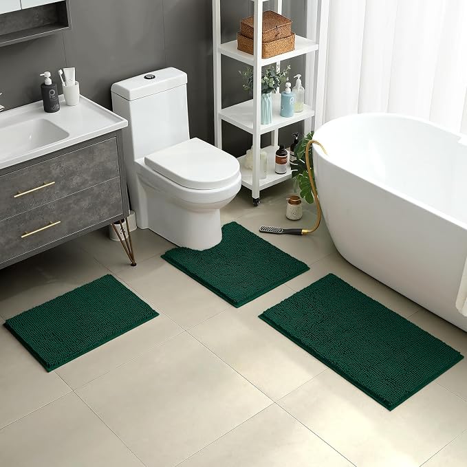 HOMEIDEAS Dark Green Chenille Bathroom Rugs Set of 3, Non Slip Bath Mat | Super Absorbent, Soft Microfiber, Machine Washable, Stain Resistant, for Bathroom Decor