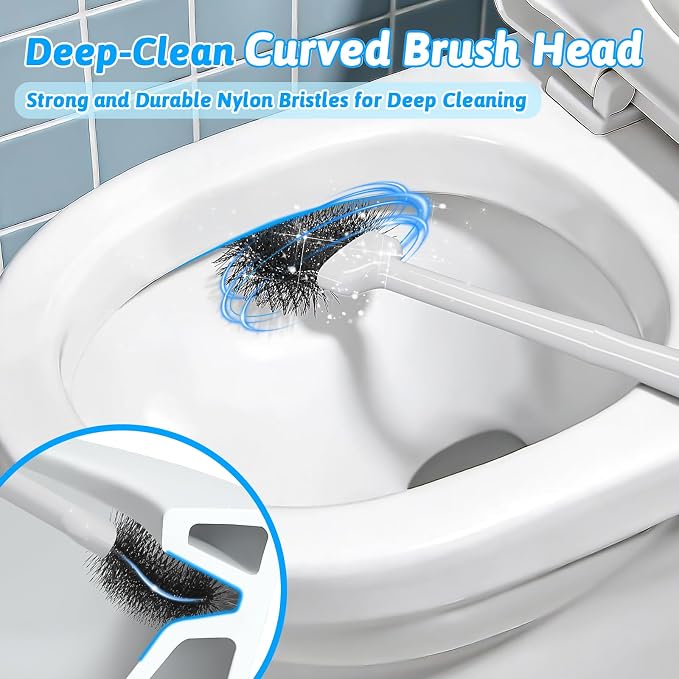 Sellemer Toilet Brush and Plunger Set, Curved Head Deep Clean, White 2 Pack | Brush and Plunger set, Curved Nylon Bristles for Deep Clean, Strong Suction Plunger, Ventilated Holder for Quickly Air Dry