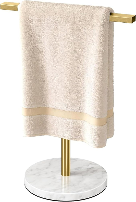 Gypie Gold Hand Towel Holder Stand T-Shape Countertop | Stainless Steel Towel Holder Marble Base, Towel Rack for Bathroom Kitchen Desktop
