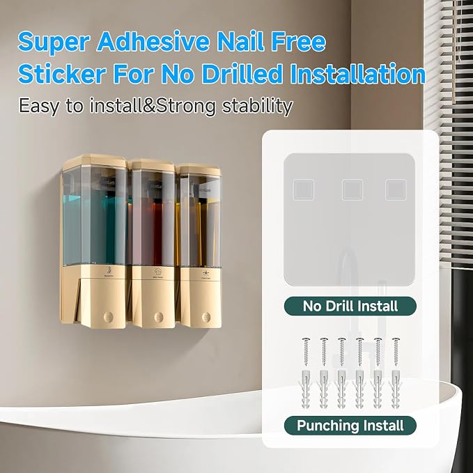Shampoo and Conditioner Dispenser,Shower Dispenser 3 Chamber No Drill Shampoo Dispenser for Shower Wall Mounted Shower Soap Dispenser for Bathroom Hotel,Large Capacity 3 * 500ML,Gold