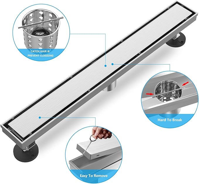 ZEKOO 2 in 1 Linear Shower Drain 32 Inch,Tile Shower Drain(Brushed Nickel),304 Stainless Steel Linear Shower Drain with Tile Insert Grate,Rectangular Linear Drains