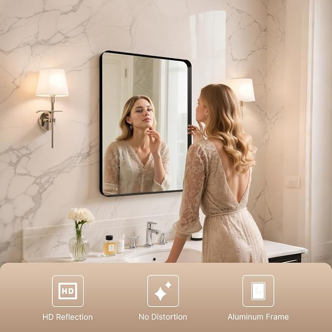 30"x22" Bathroom Vanity Mirror for Wall Aluminum Framed Farmhouse Rectangle | Anti-Rust, HD Reflection Anti-Desilvering, Distortion Free, Tempered and Shatter-Proof Wall Mounted Mirror, Black