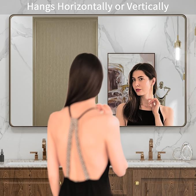 LOAAO 48"X30" Bronze Bathroom Mirror | Rounded Rectangle, Brushed Bronze Metal Frame, Anti-Rust, Tempered Glass, Hangs Horizontally or Vertically