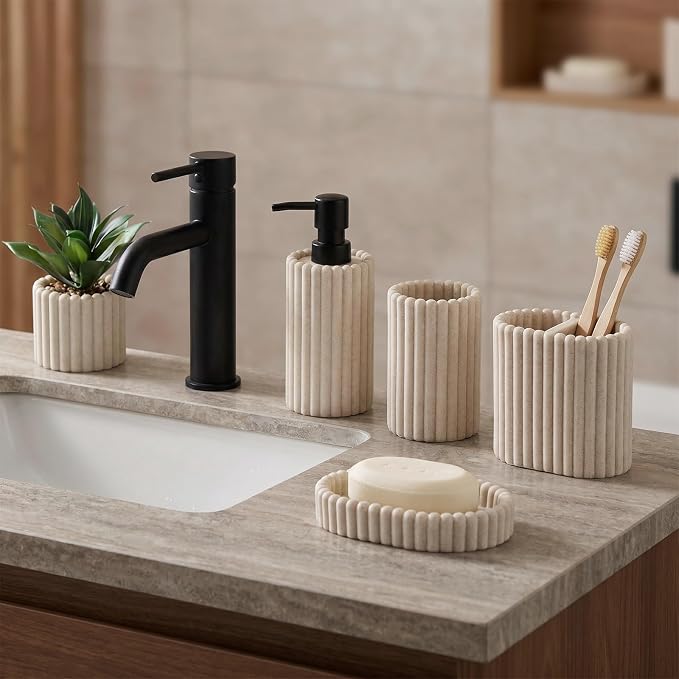 Bathroom Accessories Set,Sandstone Look Beige, Thick Stripe, 5 PCS | Modern, Minimalist, Included 13.5 OZ Soap Dispenser, Toothbrush Holder, Tumbler, Bar Soap Holder, Faux Potted Plant