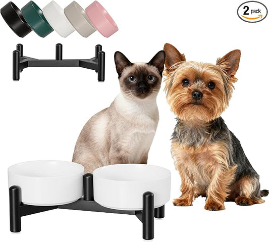 Raised Ceramic Dog Bowl Set with Stand, 1.6 Cups Elevated Dog Food Stand | 5.1'' Double Dog Food and Water Bowl Set, Non-Slip Dog Feeding Dishes for Small Breeds and Cats, 10.8 OZ, White
