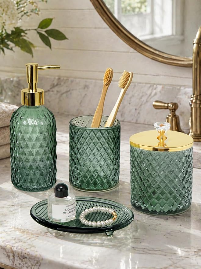 Haturi Glass Bathroom Accessories Set, Sage Green Bathroom Set, 4 Pcs | Kit w/ Bathroom Soap Dispenser Set, Toothbrush Holder, Qtip Holder,Soap Dish, Green Bathroom Decor, Gift for Home Apartment
