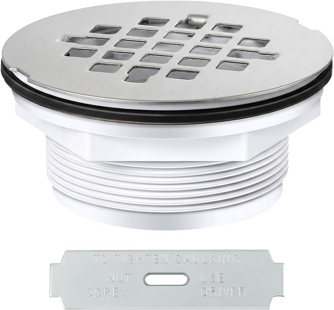 Enhon 4.25" OD Shower Drain Assembly, Snap in Shower Base Drain and Round Grid Strainer Cover, Fits 2 in. Schedule 40 ABS and PVC Pipes, Stainless Steel Cap, ABS Base(Silver,1 Pack)